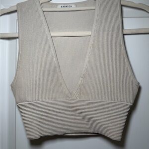 Ariztia Beige Ribbed V-Neck Crop Top